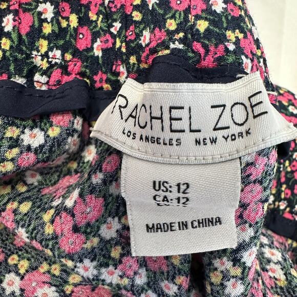 Rachel Zoe Waterfall Midi Skirt WMNS 12 Black Pink Floral Ruffle Elastic Waist - Picture 3 of 6